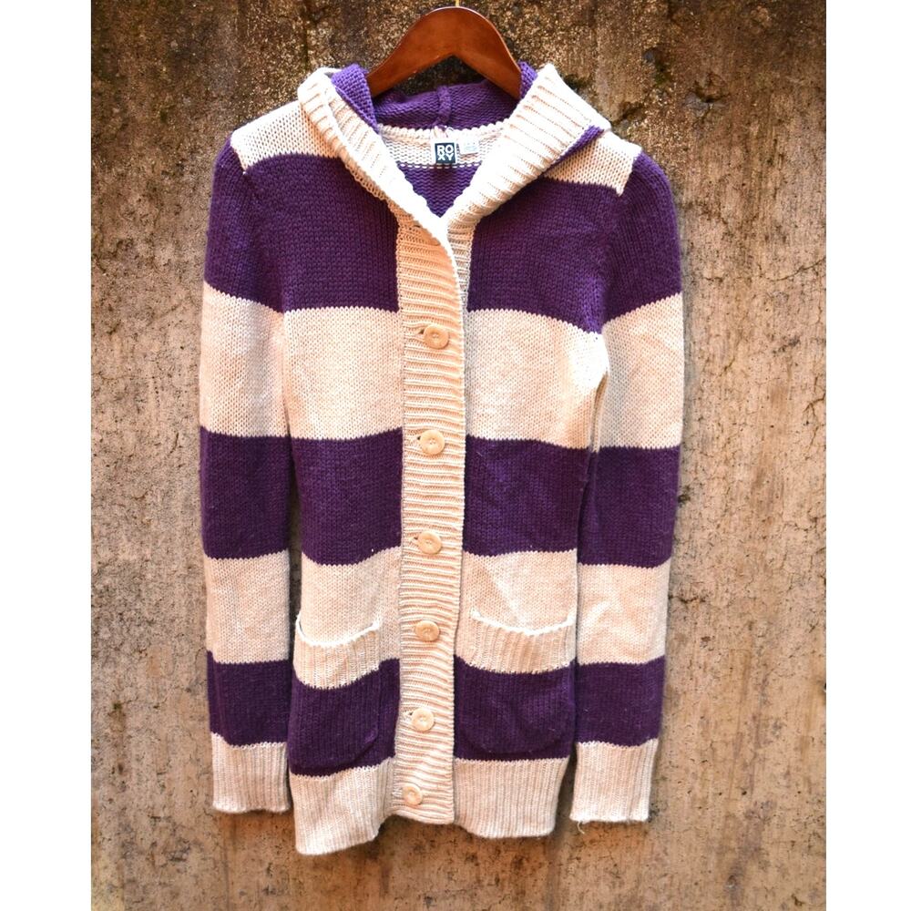 Roxy Hooded Striped Cardigan Sweater Purple Cream Small